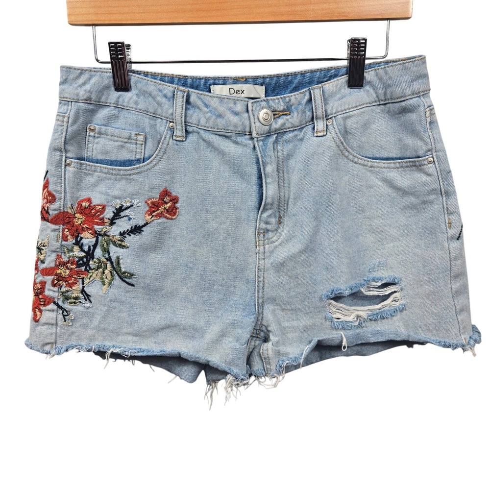 Dex Womens Light Wash Floral Embroidered Distressed Denim Shorts Boho Size 28